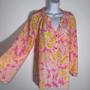Lilly Pulitzer Elsa Silk Top Blouse Pink Ooh La La Size Medium Long Sleeve